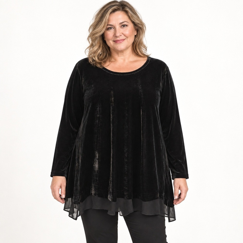 Cj Banks Velvet Tunic Top Long Sleeve Sheer Hem Elegant Black Plus Sz 1X Gothic